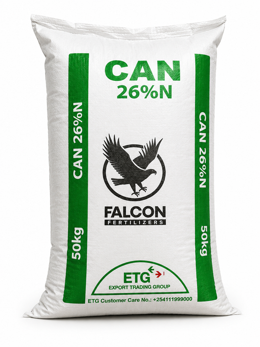A 50kg white bag of Falcon Fertilizers CAN 26%N fertilizer, featuring green side panels, a black eagle logo, and ETG Export Trading Group branding at the bottom.