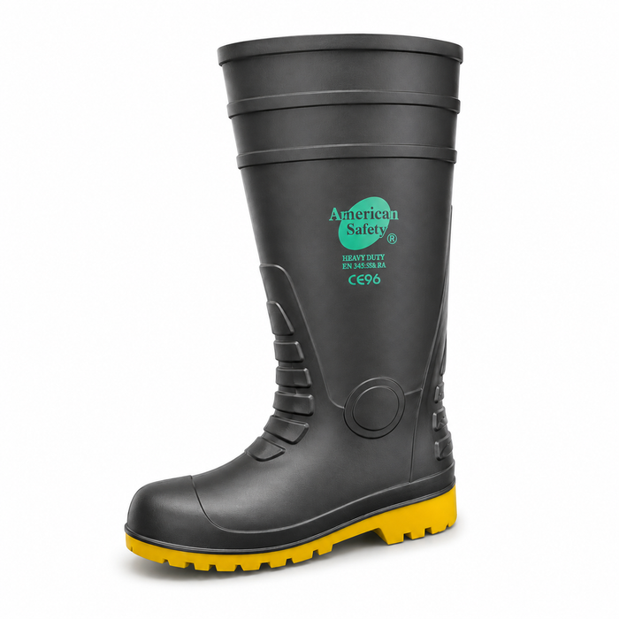 American Safety heavy duty black waterproof gumboots with yellow sole in Uganda