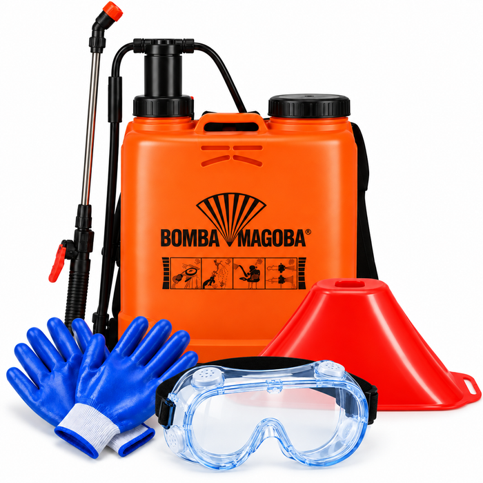Bomba Magoba backpack knapsack sprayer with safety goggles gloves and spray shield in Uganda