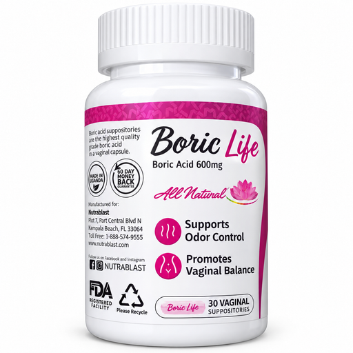 Boric Life 600mg boric acid vaginal suppositories 30 capsules for vaginal odor control and balance