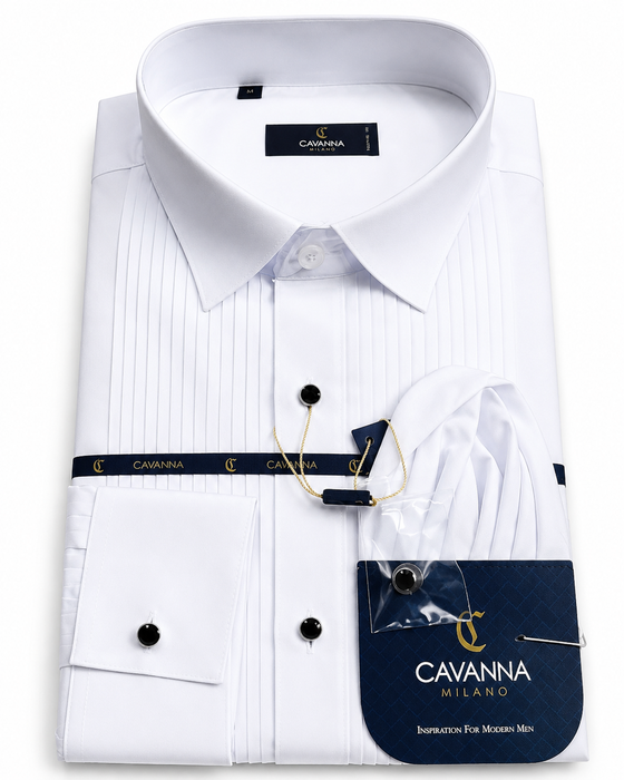 Cavanna Milano white pleated tuxedo dress cotton shirt For Lawyers