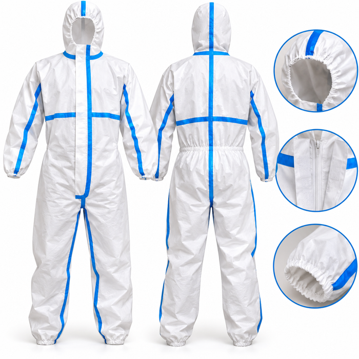 White chemical protective overall suit with hood and blue sealed seams in Uganda