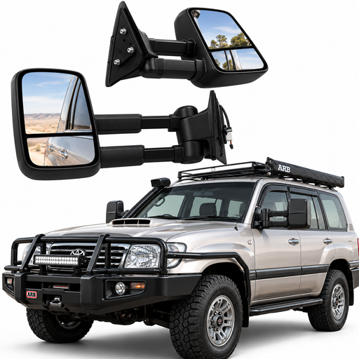 Black extendable towing mirrors for Toyota Land Cruiser 100 and 105 Series, shown with a Land Cruiser touring vehicle, available at KampalaShoppers Uganda.