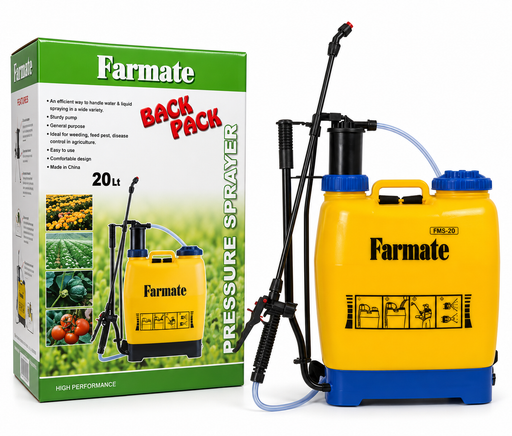 A yellow and blue Farmate pressure sprayer shown next to its green and white retail packaging box on a white background.