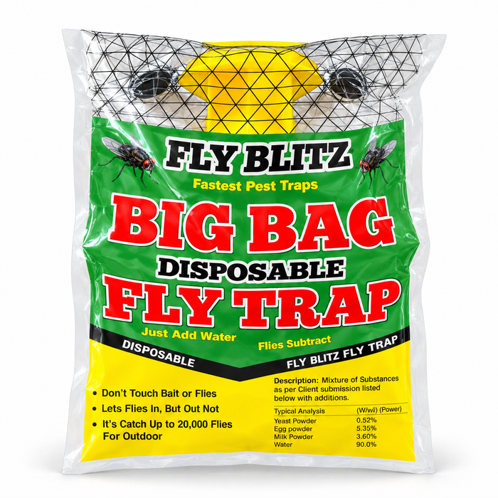 Fly Blitz Big Bag disposable outdoor fly trap for fly control in Uganda