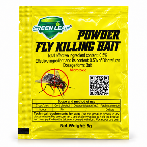 Green Leaf Fly Killing Bait Powder 5g with 0.5% dinotefuran for indoor fly control in Uganda