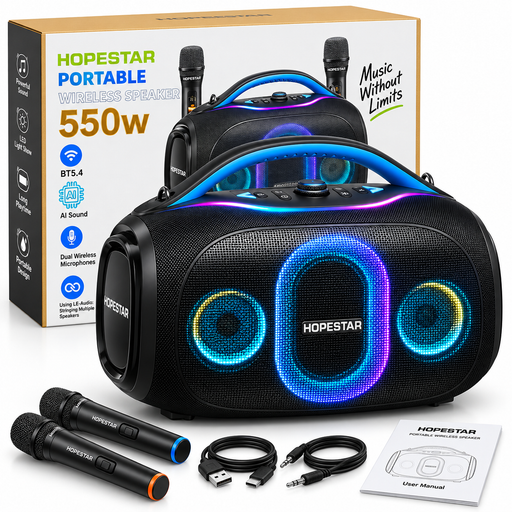 HOPESTAR 550W portable Bluetooth party speaker with wireless microphones and RGB lights in Uganda