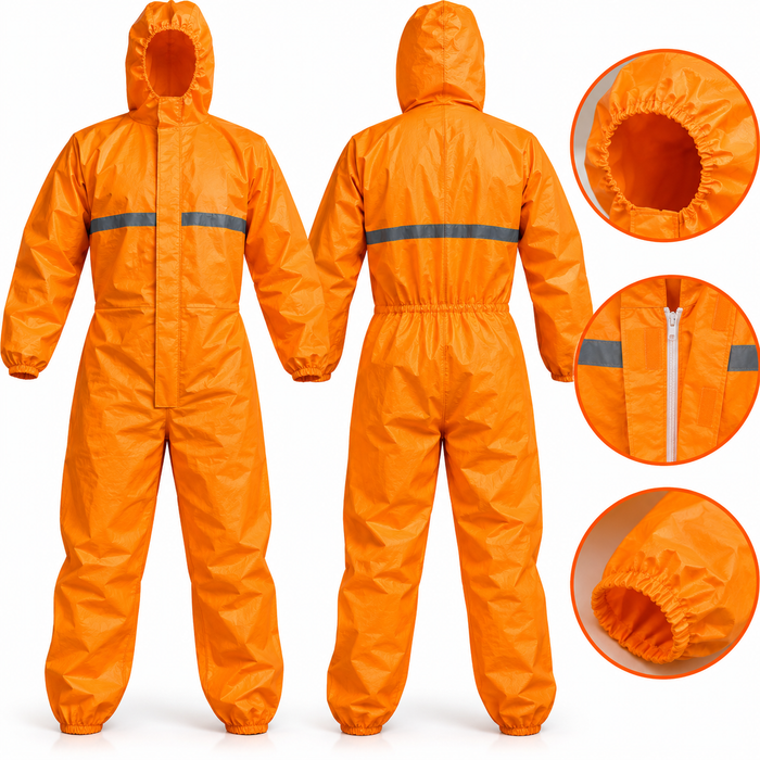 Heavy duty orange chemical protective overall suit with hood and reflective strips in Uganda