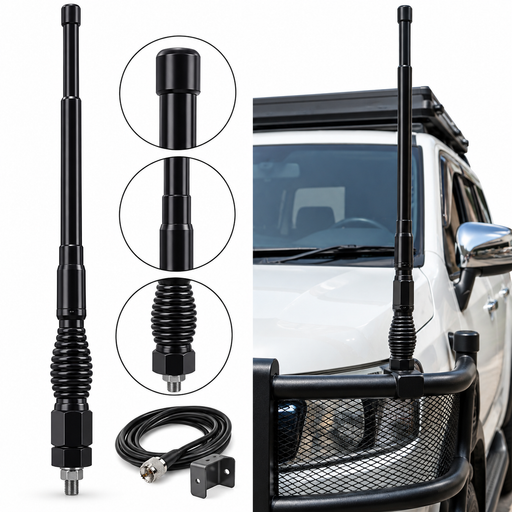 Black heavy duty vehicle whip antenna with flexible ribbed base and mounting connection