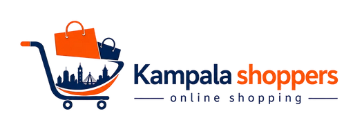 A digital logo graphic for 'Kampala shoppers online shopping' featuring a shopping cart filled with orange and navy shopping bags and a city skyline silhouette, on a plain white background.