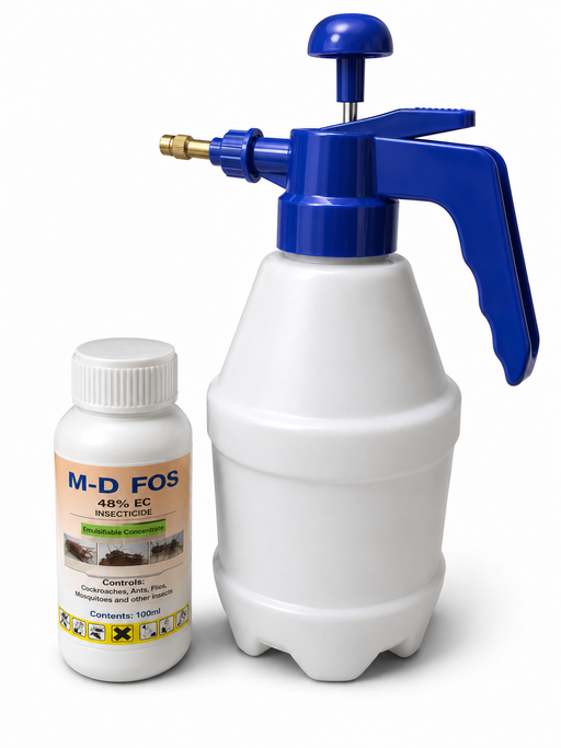 M-D FOS 48% EC insecticide with pressure spray pump for cockroach mosquito and household pest control in Uganda