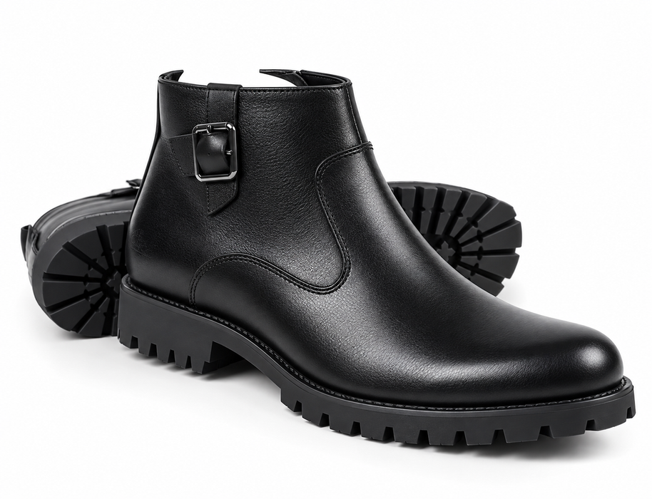Men's black leather ankle boots formal buckle boots with rugged sole Uganda