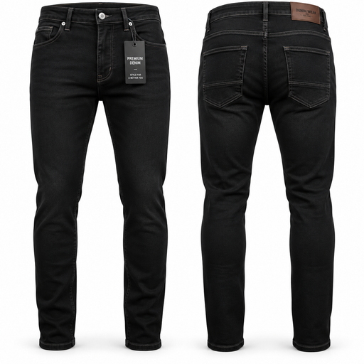 Men’s black slim fit denim jeans front and back view – KampalaShoppers Uganda