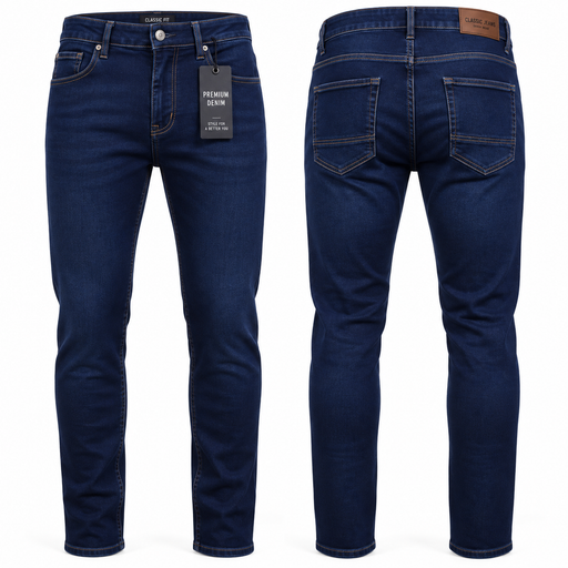 Men’s navy blue slim fit denim jeans front and back – KampalaShoppers Uganda