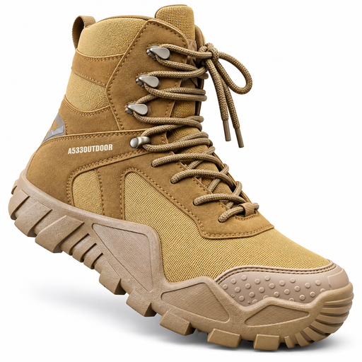 Tan men’s tactical combat hiking boots with rugged sole in Uganda