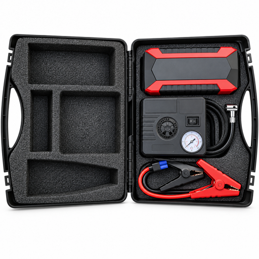 Portable 12V car jump starter and tyre air compressor kit with jumper clamps, pressure gauge and hard carrying case at KampalaShoppers Uganda.