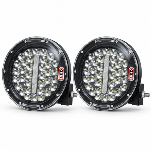 Pair of round black LED auxiliary driving lights with clear lenses and mounting brackets for 4x4 vehicles in Uganda