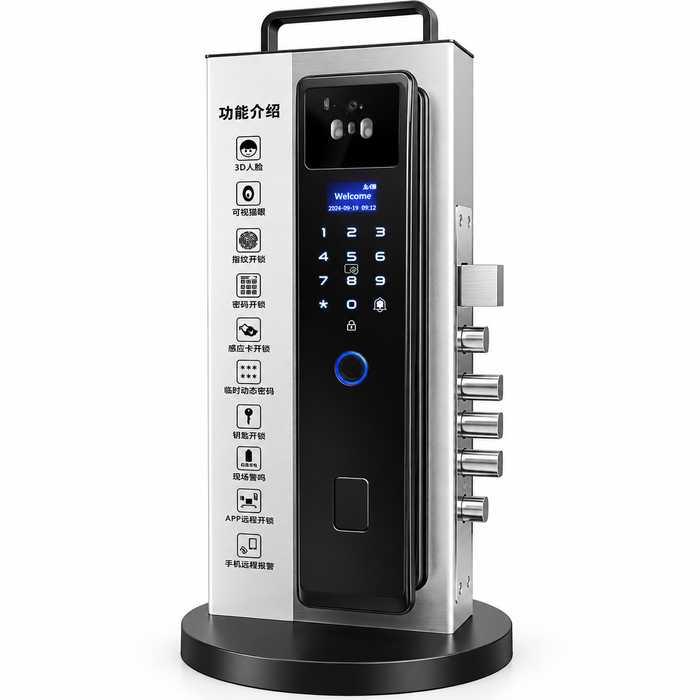 Black smart digital door lock with face recognition camera, illuminated keypad and fingerprint sensor