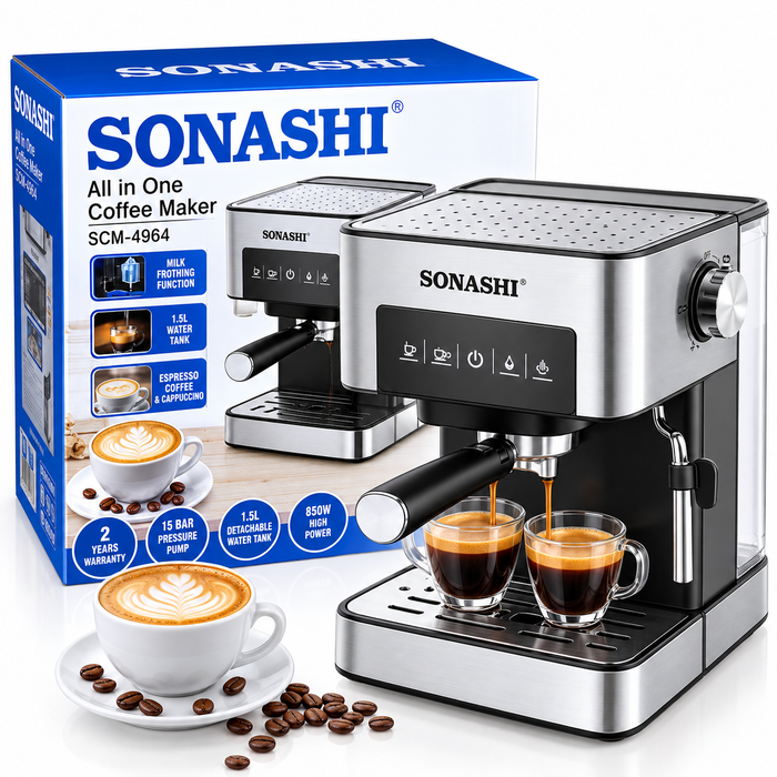 Sonashi SCM-4964 850W 15-bar all-in-one espresso coffee maker with milk frother in Uganda