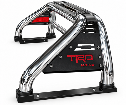 Toyota Hilux TRD-style chrome sports roll bar with black mounting brackets for pickup trucks in Uganda
