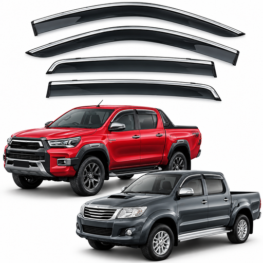Set of four black Toyota Hilux window visors and rain guards for compatible Hilux pickup models, available at KampalaShoppers Uganda.