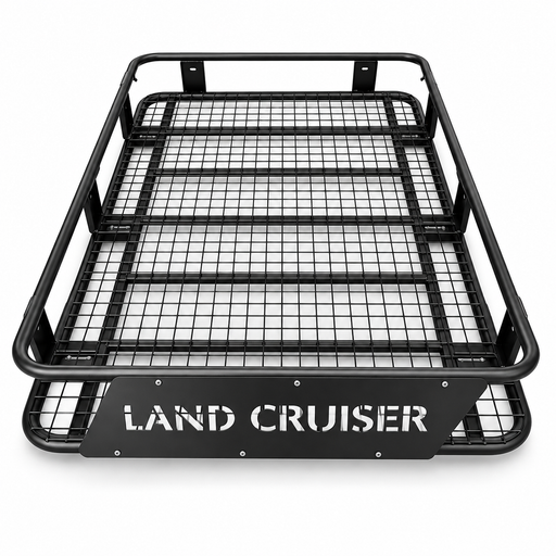 Black metal Toyota Land Cruiser roof rack with mesh cargo platform and LAND CRUISER front panel