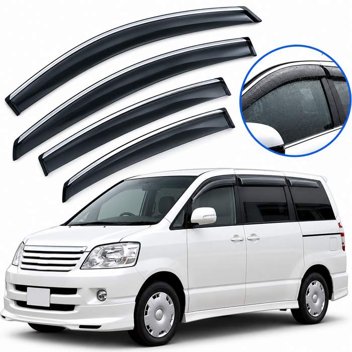 Set of four black Toyota Noah window visors and rain guards for compatible 2001–2007 minivan models at KampalaShoppers Uganda.