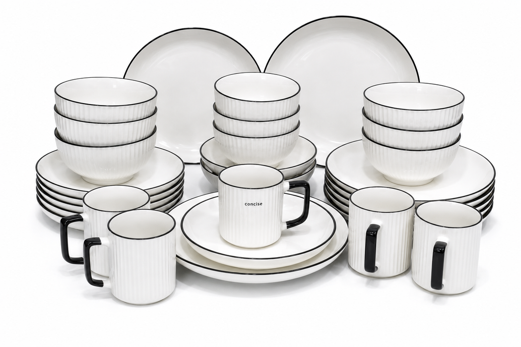 White ceramic dinner set with black rim plates bowls and cups in Uganda