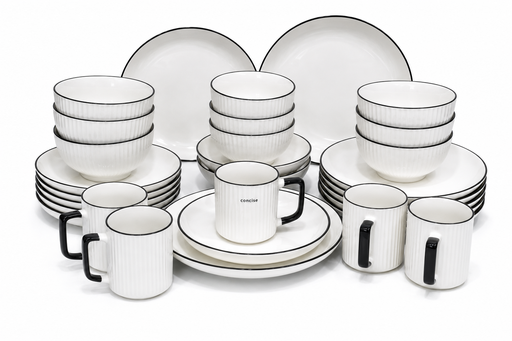 White ceramic dinner set with black rim plates bowls and cups in Uganda