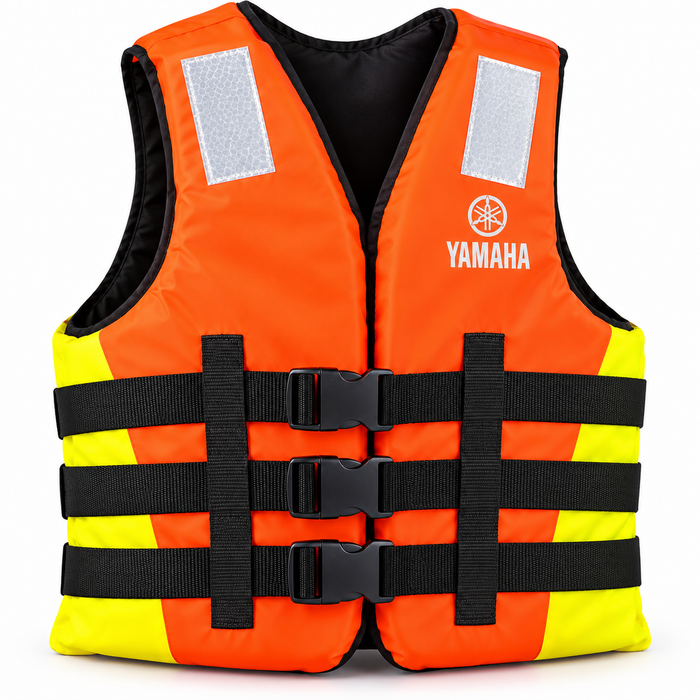 Yamaha orange and yellow life jacket 120kg weight capacity with reflective panels and adjustable black straps