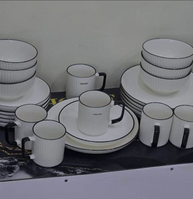 White Ceramic Dinner Set with Plates, Bowls & Cups – Black Rim