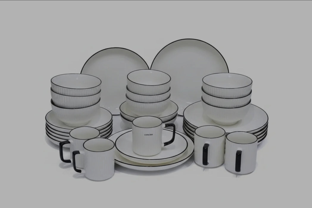 White Ceramic Dinner Set with Plates, Bowls & Cups – Black Rim